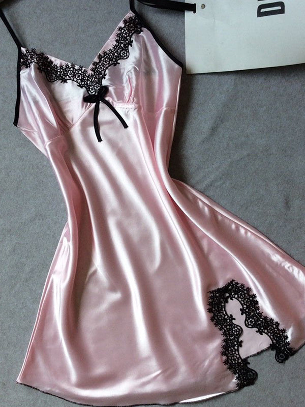 Women's Pink Faux Silk V-Neck Slip Dress with Black Lace Trim