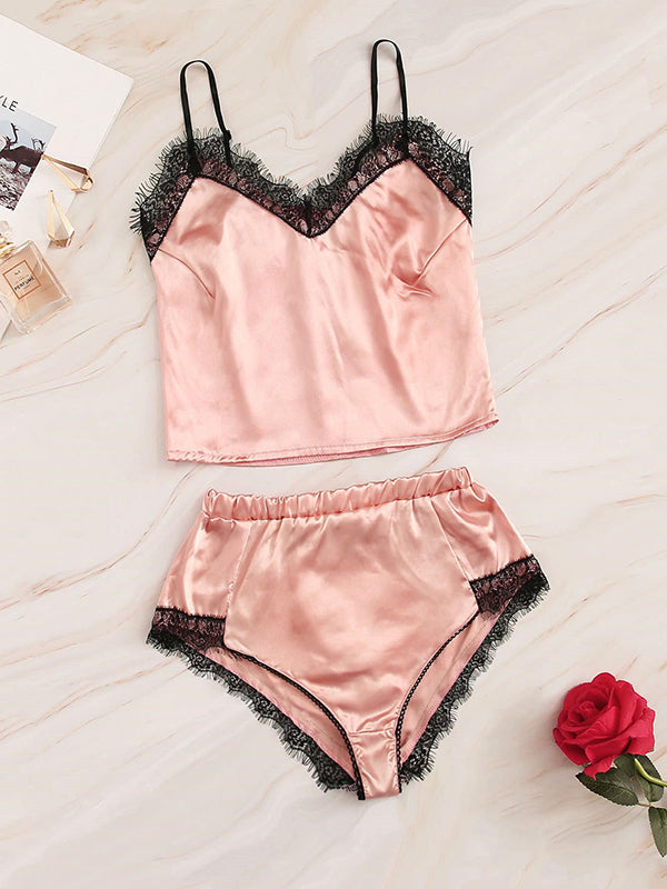 Women's Pink Satin Lace-Trim Cami and Shorts Lingerie Set