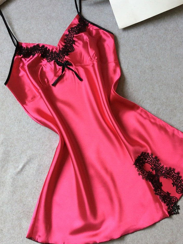 Women's Rose Faux Silk V-Neck Slip Dress with Black Lace Trim