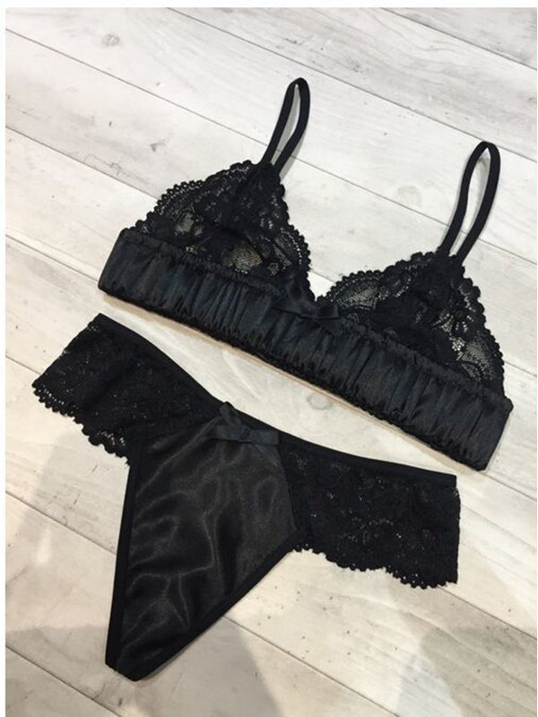 Women's Satin and Lace Ruffle Trim Bra and Panty Lingerie Set