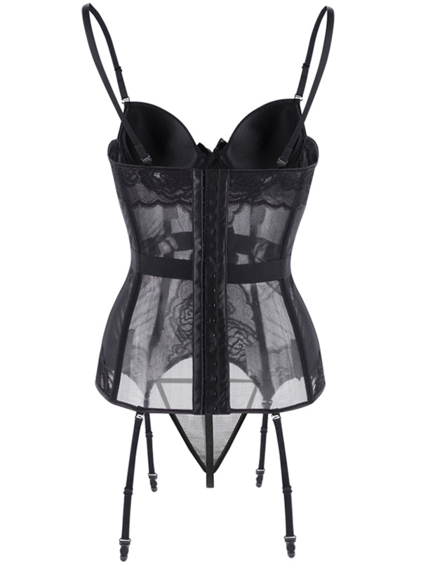 Women's Sexy Black Floral Lace Mesh Bustier Lingerie Set with Garters