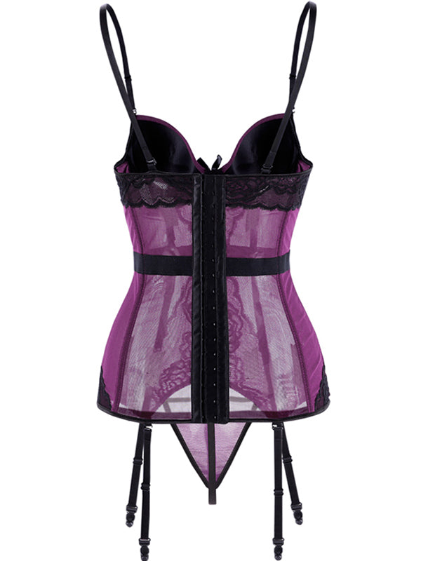 Women's Sexy Purple Black Lace Strap Bustier Lingerie Set with Garters