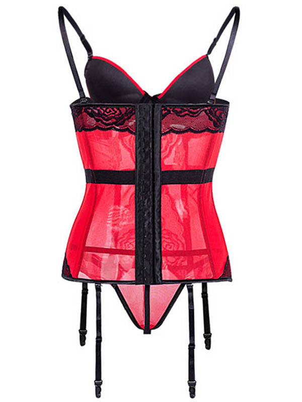 Women's Sexy Red Black Lace Strap Bustier Lingerie Set with Garters