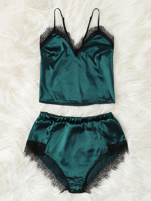 Women's Teal Satin Lace-Trim Cami and Shorts Lingerie Set