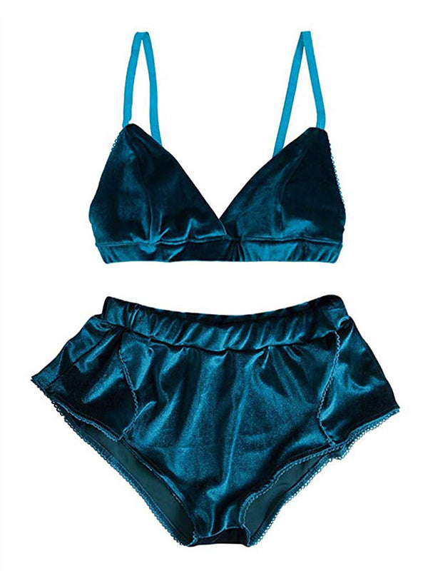 Women's Teal Velvet Bralette and Shorts Lingerie Set