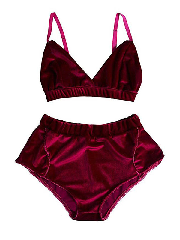 Women's Burgundy Velvet Bralette and Shorts Lingerie Set