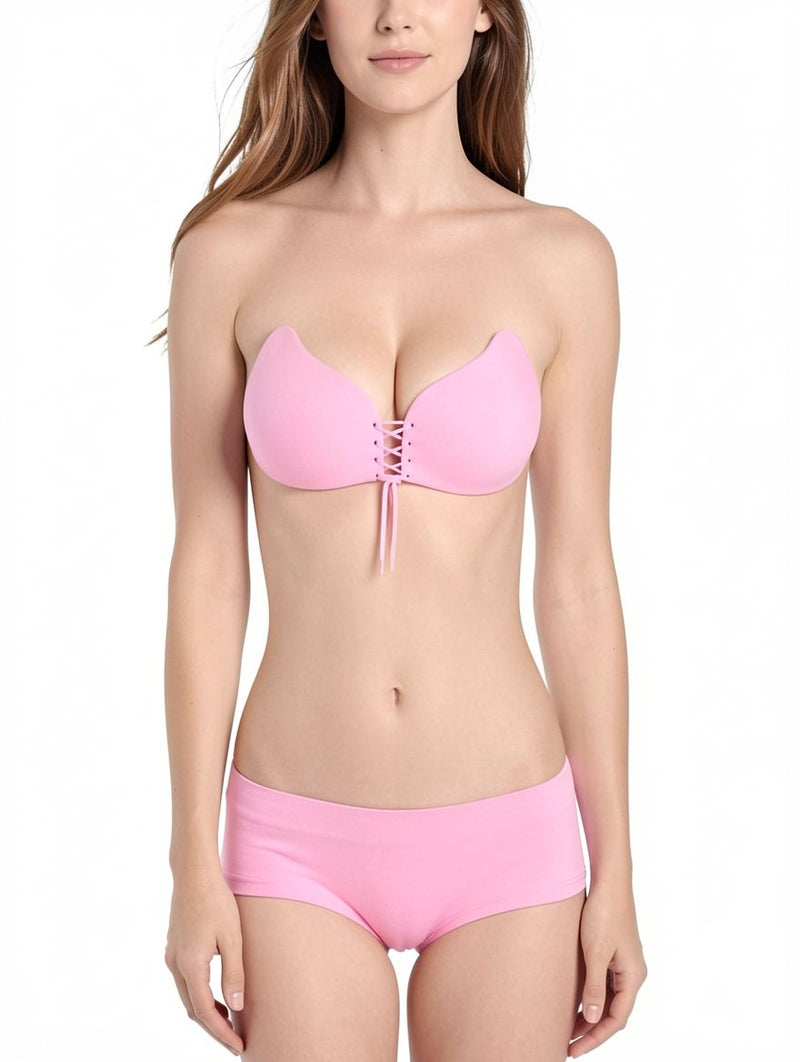 Women's Pink Lace-Up Adhesive Backless Push-Up Invisible Bra