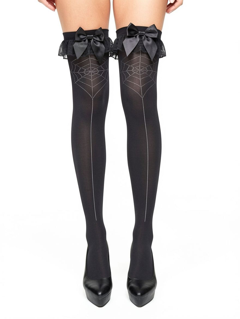 Women's Black Spider Web Lace-Top Thigh-Highs with Bows