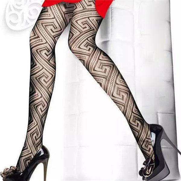 Women's Black Greek Key Geometric Fishnet Pantyhose Tights