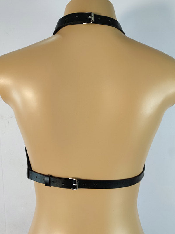 Women's Black Leather Cage Bra Harness with Choker Strap