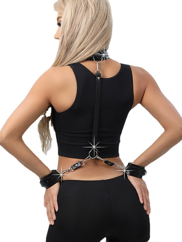 Women's Punk Leather Chain Handcuff Harness Crop Top Set