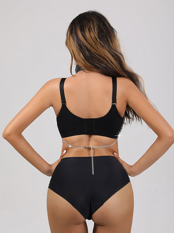 Women's Punk Leather Choker Chain Harness Bra Set
