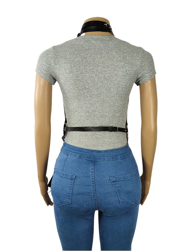 Women's Punk Leather Full Body Harness with Collar & O-Rings