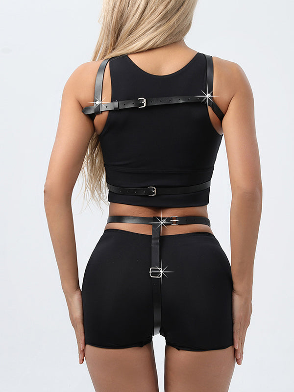 Women's Punk Leather Full Body Harness Crop Top Set