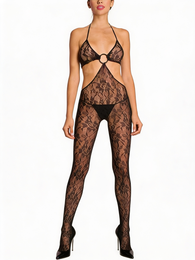 Women's Sexy Floral Lace Hollow-Out Halter Bodystocking