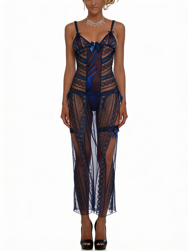 Women's Navy Blue Sheer Mesh High-Slit Maxi Gown