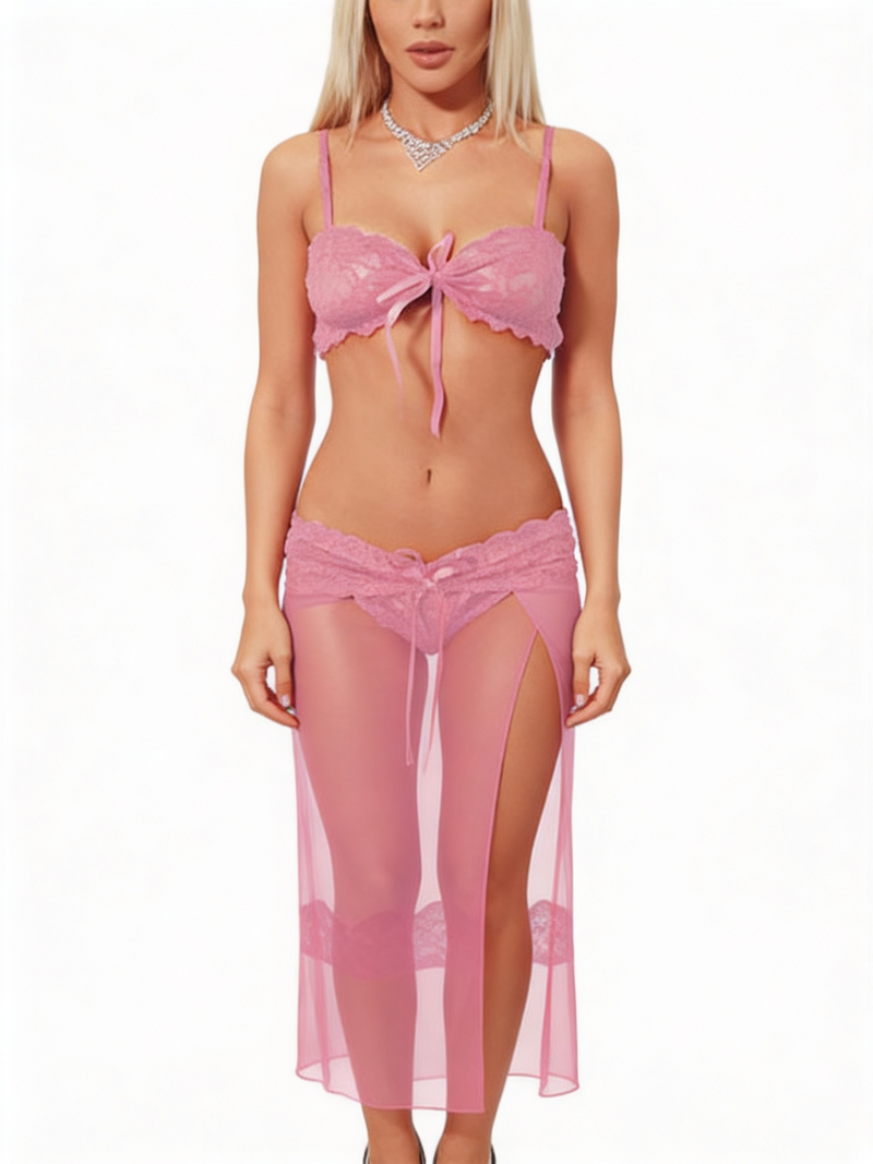 Women's Pink Lace and Mesh Bralette Long Skirt Gown Set
