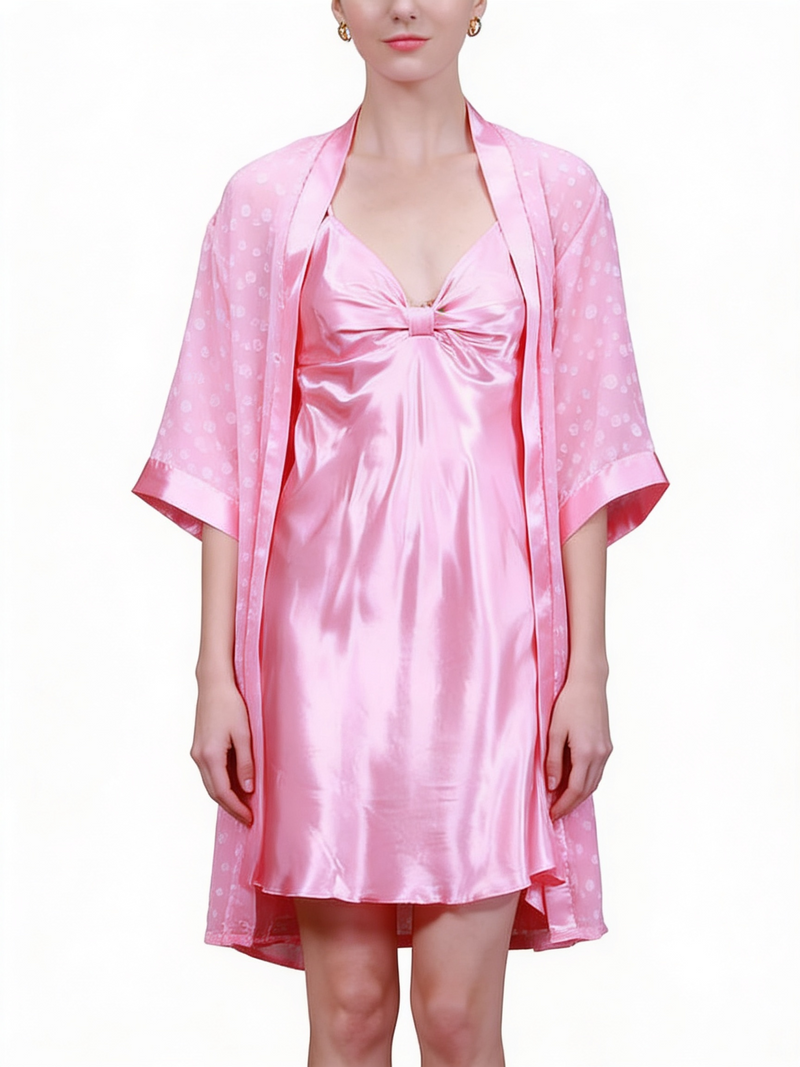Women's Pink Satin Knot-Front Slip & Dot Robe Set