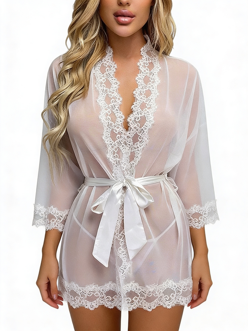 Women's White Sheer Mesh Lace-Trim Belted Wrap Robe