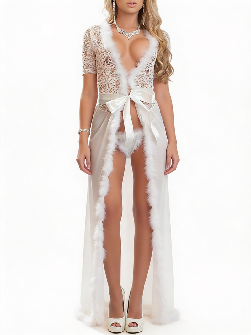 Women's White Lace Marabou Trim Long Robe Gown