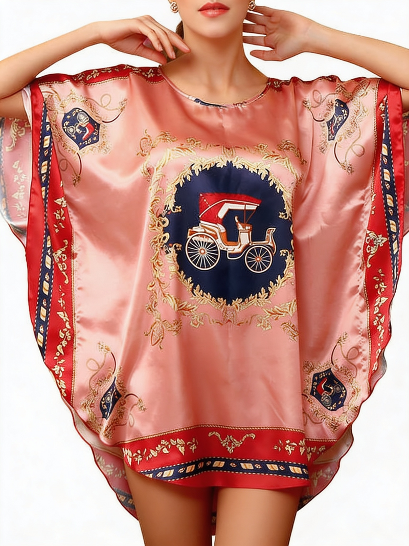 Women's Pink Printed Satin Batwing Nightshirt