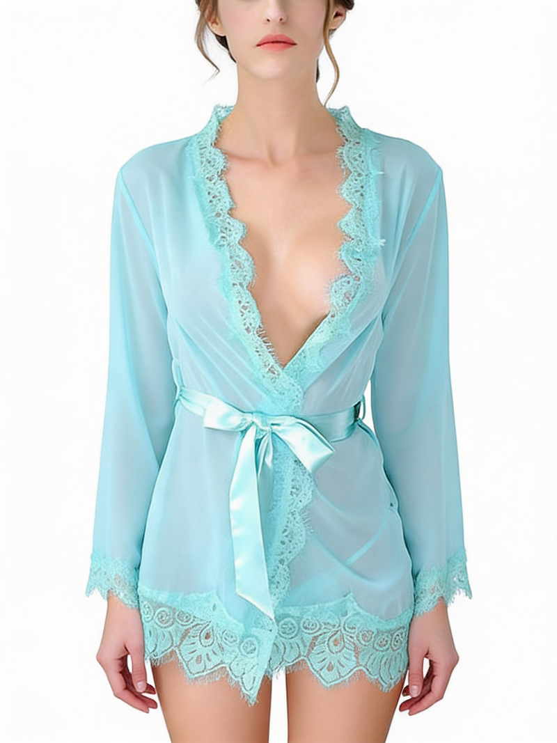 Women's Aqua Blue Sheer Mesh Eyelash-Lace Robe & Sash Set