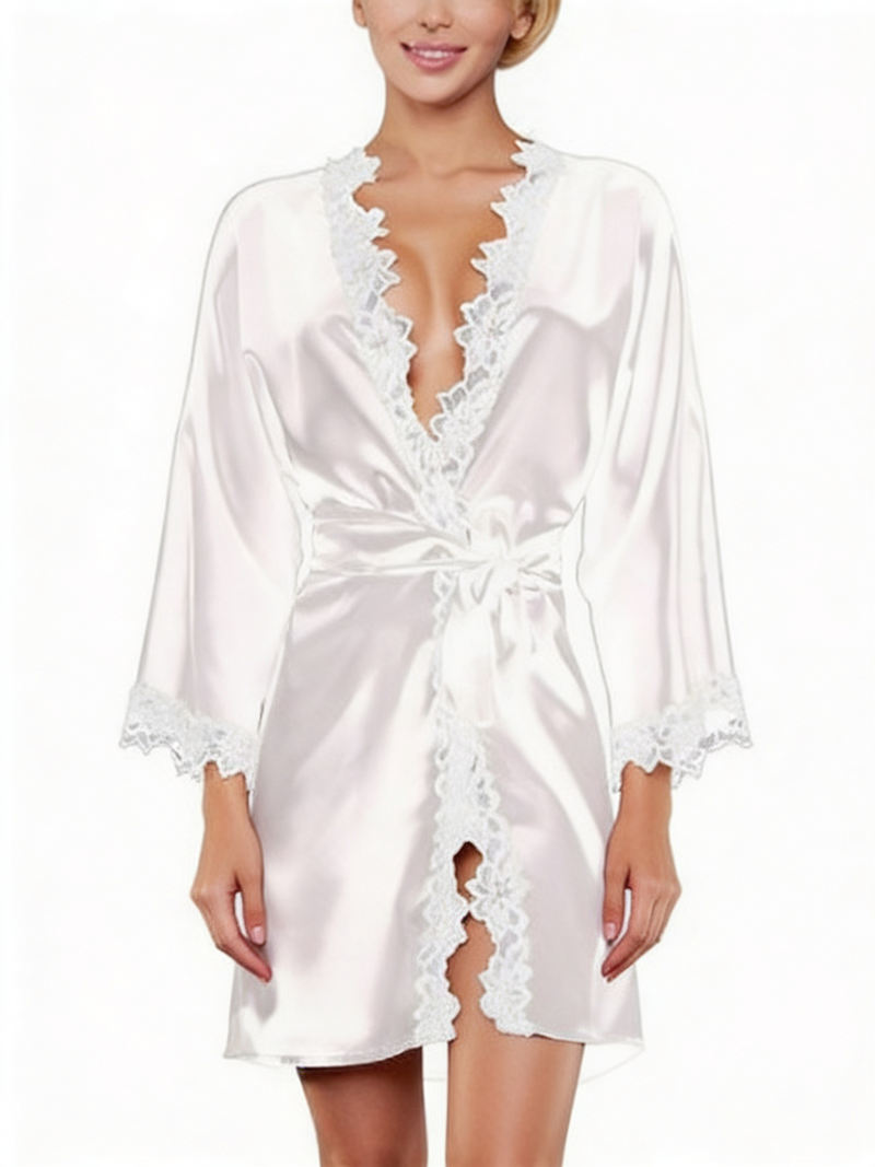 Women's White Satin Lace-Trim Kimono Robe & Sash