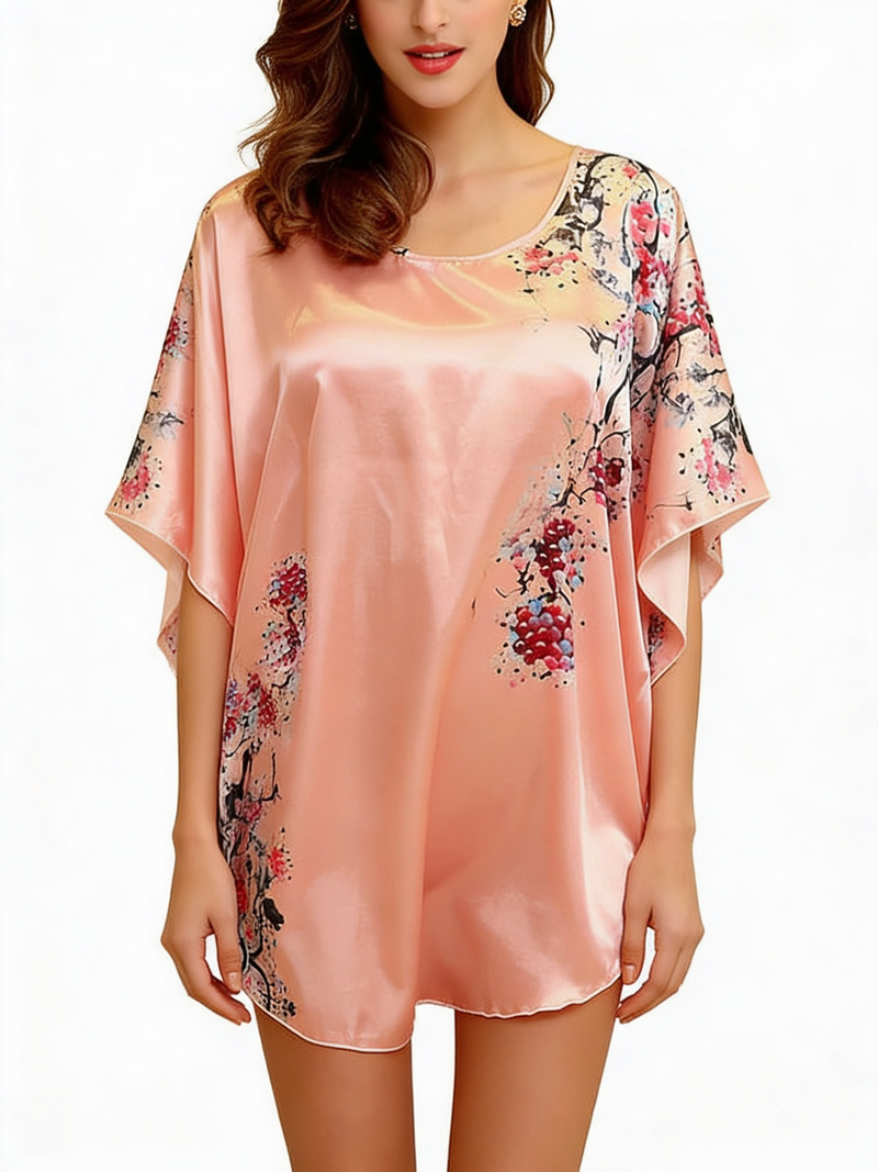 Women's Pink Floral Print Satin Batwing Nightshirt