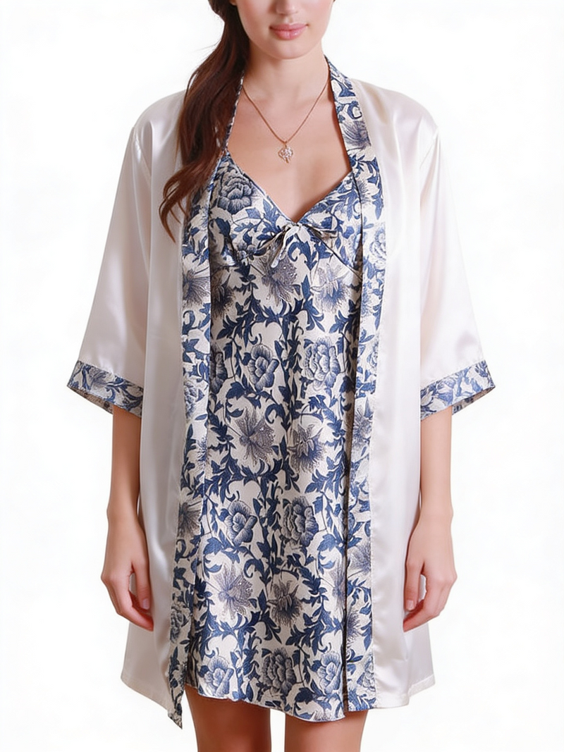 Women's Blue Floral Satin Chemise & Robe Two-Piece Set