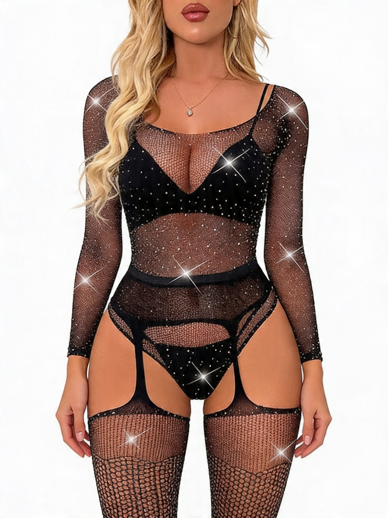 Women's Sexy Black Rhinestone Fishnet Bodysuit with Garter & Stockings Set