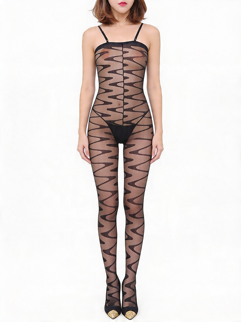 Women's Sexy Wave Print Transparent Mesh Spaghetti Strap Bodystocking