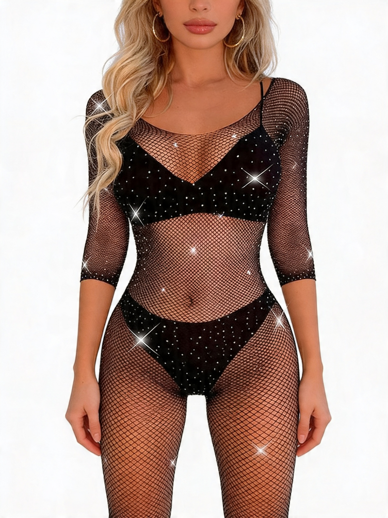Women's Sexy Black Crystal Rhinestone Fishnet Open-Crotch Body Stocking