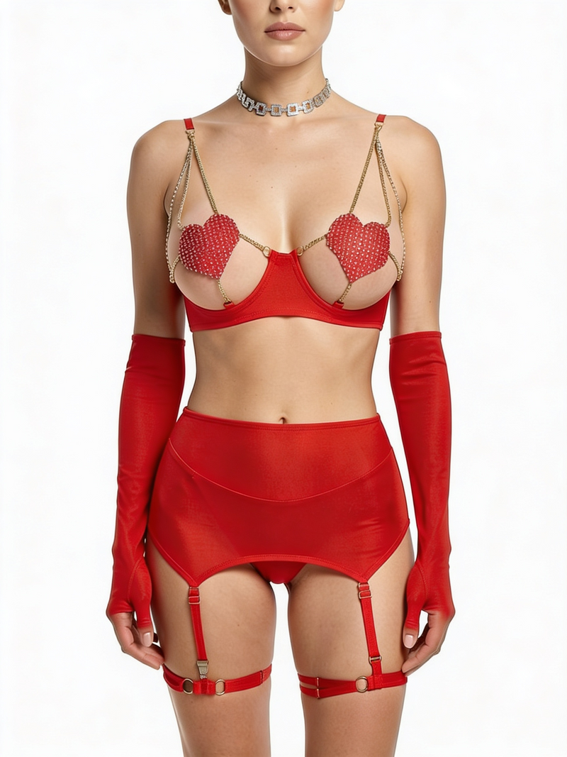 Women's Red Mesh Heart Cup Bra Skirt Garter Lingerie Set