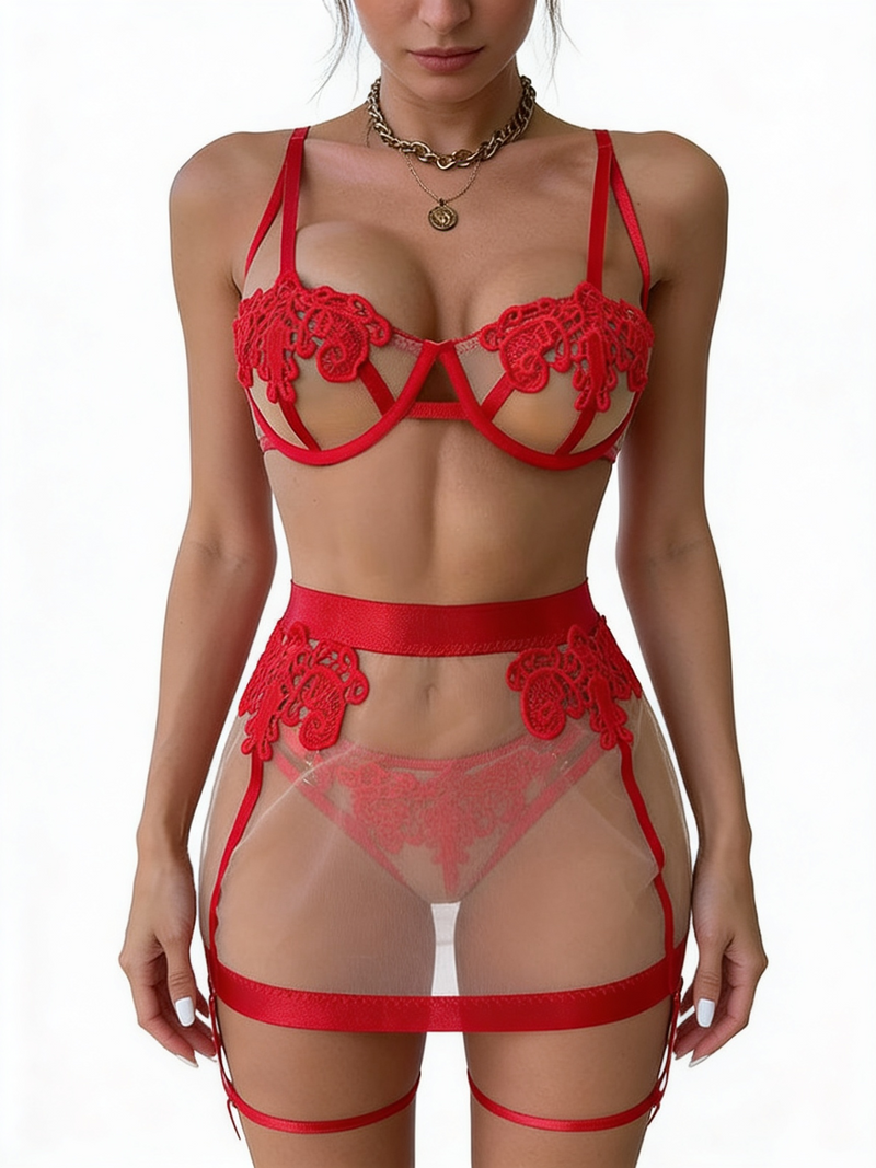 Women's Red Floral Lace Bra Garter Belt Three-Piece Lingerie Set
