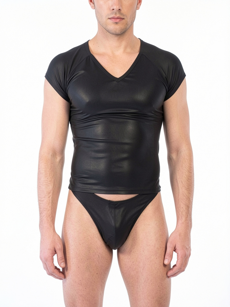 Men's Faux Leather Mesh T-Shirt & Thong Set