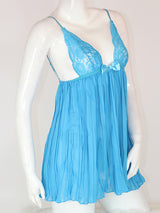 Women's Alluring Blue Chiffon Pleated Lace Babydoll Lingerie Set – view 3