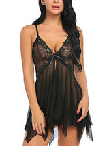 Women's Black Lace-Top Sheer Mesh Babydoll Chemise with Handkerchief Hem – view 3