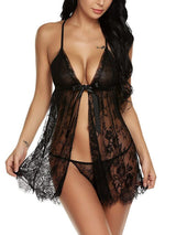 Women's Black Sheer Lace Open-Front Babydoll and Thong Set – front view