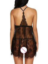 Women's Black Sheer Lace Open-Front Babydoll and Thong Set – back view