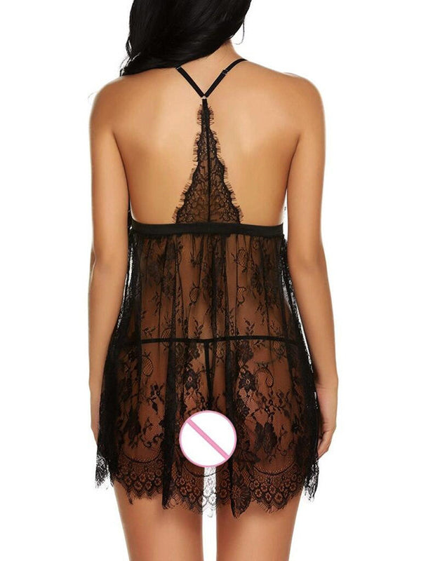 Women's Black Sheer Lace Open-Front Babydoll and Thong Set – back view