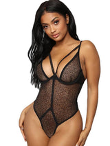 Women's Black Sheer Lace Deep-V Bodysuit Teddy – front view