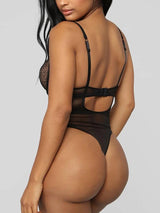 Women's Black Sheer Lace Deep-V Bodysuit Teddy – back view