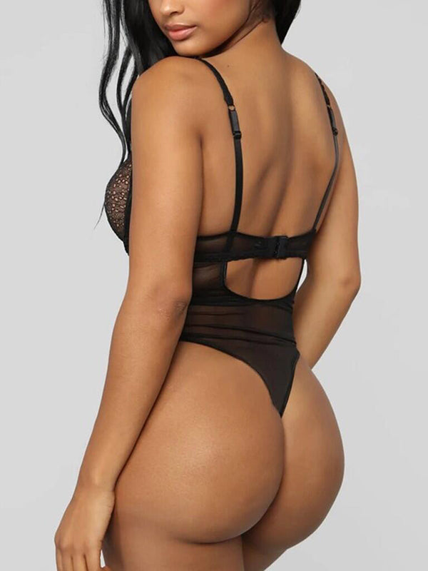 Women's Black Sheer Lace Deep-V Bodysuit Teddy – back view