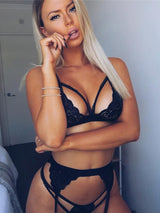 Women's Black Lace Triangle Bra and Garter Belt Set – view 5