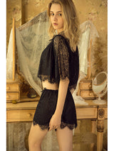 Women's Black Lace Flutter Sleeve Crop Top & Shorts Set – view 2