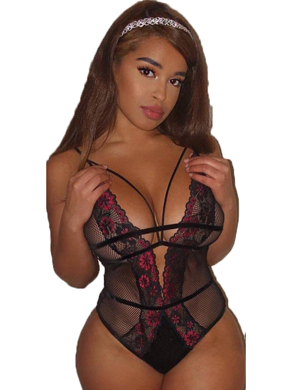 Women's Black and Red Floral Lace Mesh Teddy – view 2