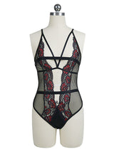 Women's Black and Red Floral Lace Mesh Teddy – view 1