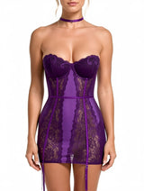 Women's Sexy Purple Lace Satin Babydoll Lingerie – view 7