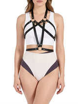 Women's Punk Leather O-Ring Cross Strap Bra Cage Harness – view 2