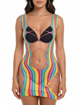 Women's Rainbow Stripe Fishnet Lace-Up Mini Dress – view 1